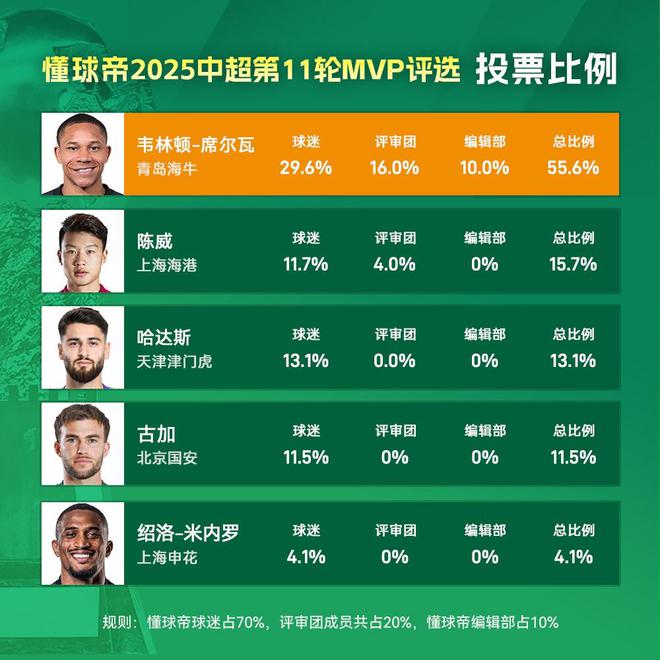 懂球帝2025赛季中超MVP评选：青岛海牛外援韦林顿闪耀全场